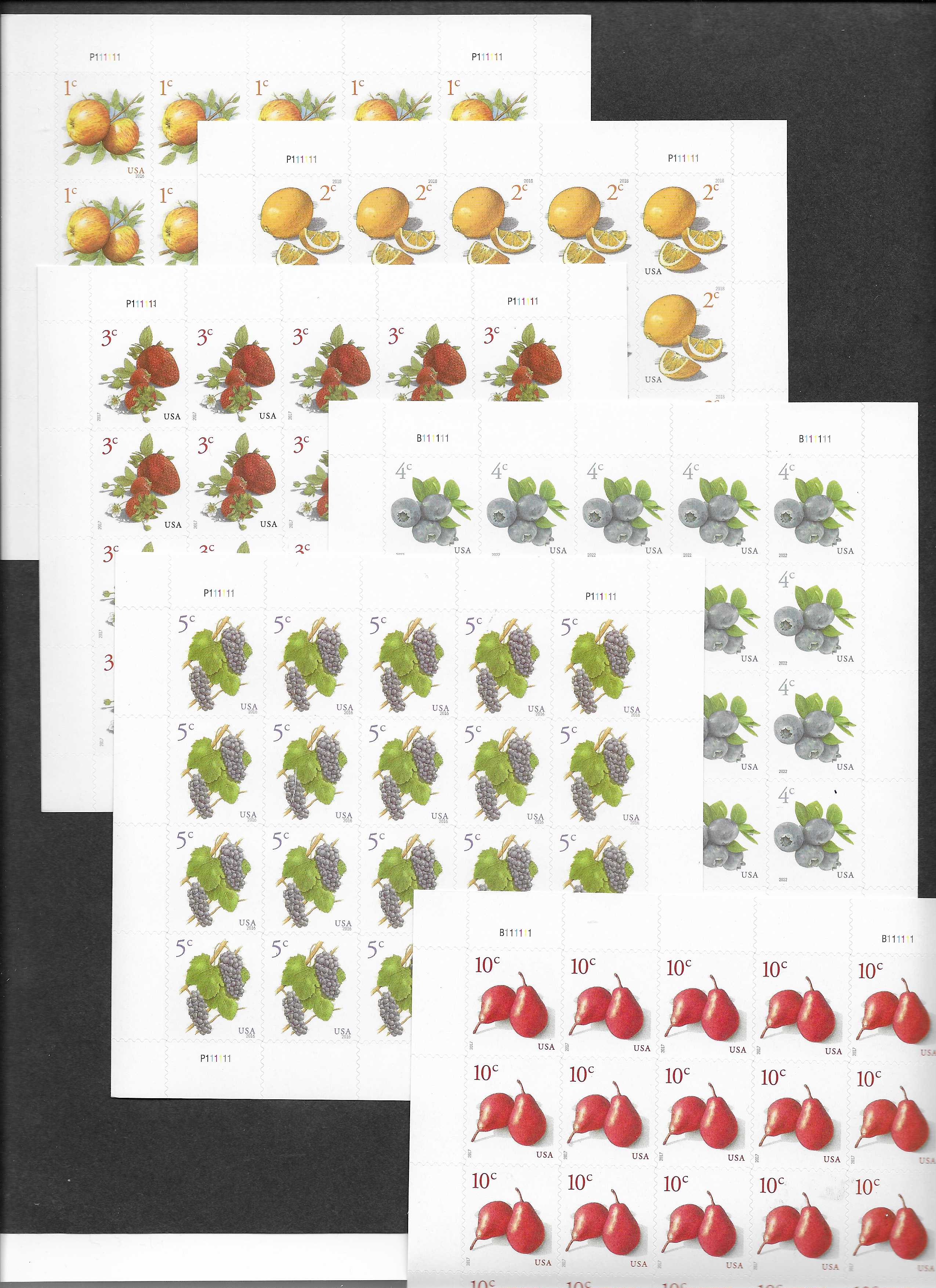 Scott #5256 and others, 1 to 10 cents, set of 6 Fruits, Sheets of 20