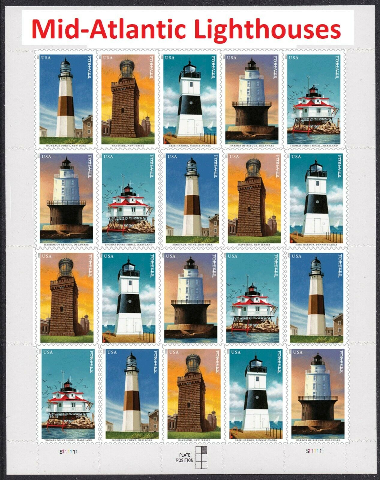 Scott #5621-5625 Forever Sheet of 20 Mid-Atlantic Lighthouses