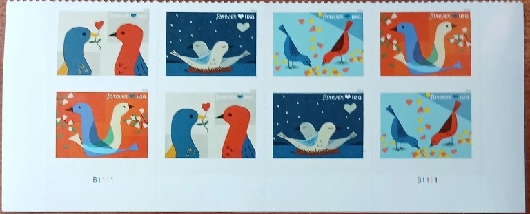Scott 6045-6049 Forever lower Plate Block of 8, Love Birds