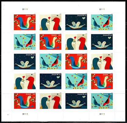 Scott 6045-6049 Forever Sheet of 20 Love Birds